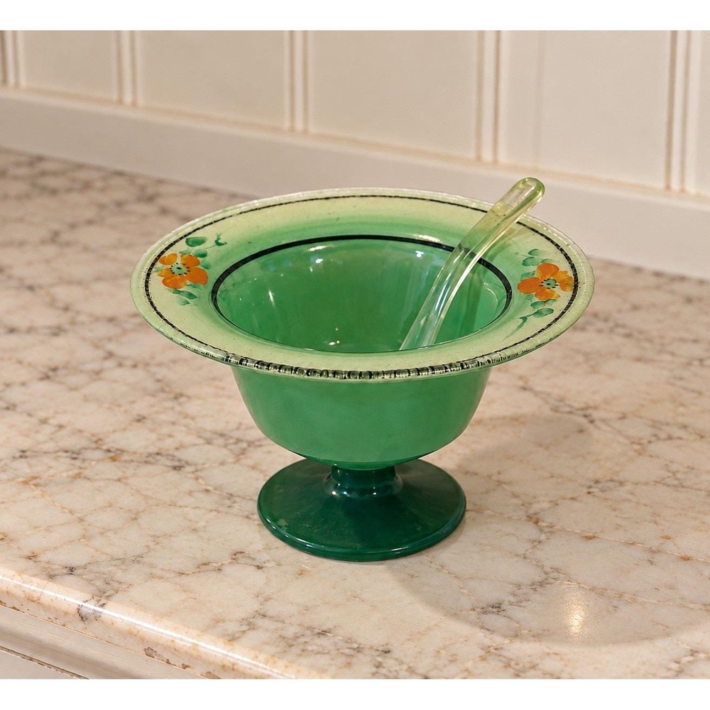 VTG Green & Floral Iridescent Reverse Painted Glass Footed Compote Bowl W/Spoon